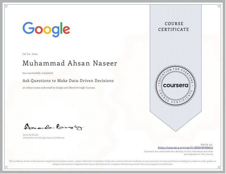 Ask Questions to Make Data-Driven Decisions certificate