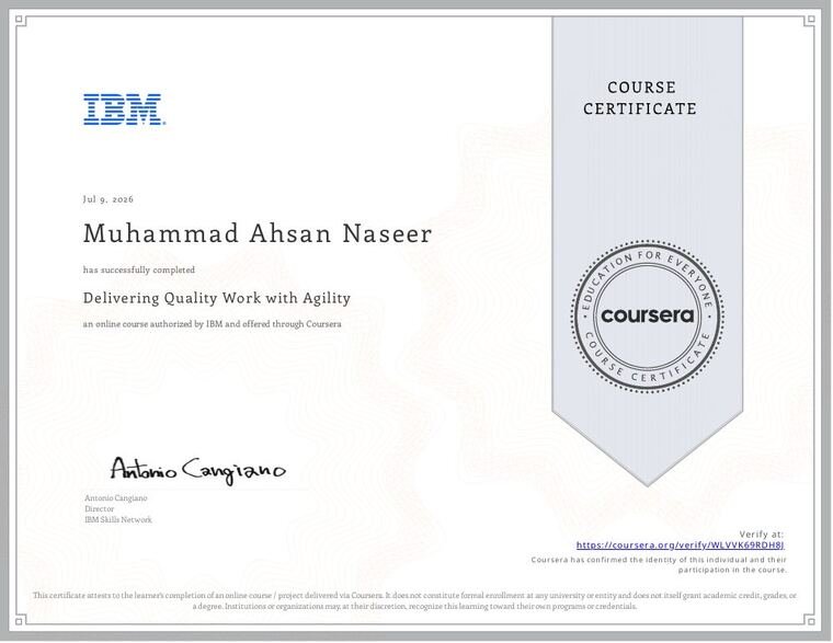 Delivering Quality Work with Agility certificate