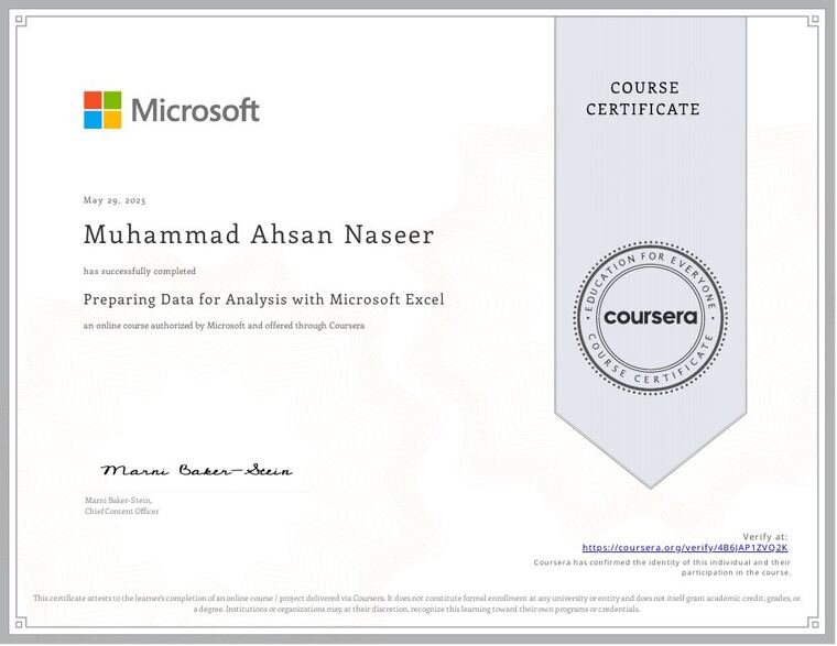 Preparing Data for Analysis with Microsoft Excel certificate